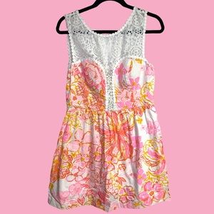 Lilly Pulitzer Reagan dress, pink/orange, white lace, 60’s style, so fun! Sz 10